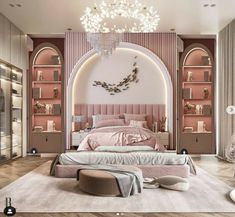 the bedroom is decorated in pink and beige tones with an arched headboard, built into the wall