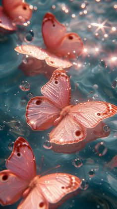 some pink butterflies floating in the water