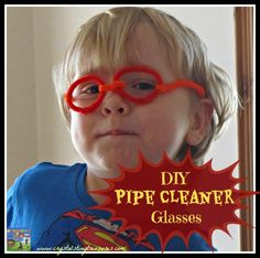 a young boy wearing red glasses with the words diy pipe cleaner on it