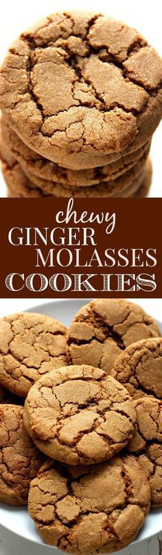 chewy ginger molasss cookies are stacked on top of each other and the title is