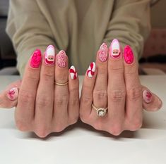 13. Pink Santa and Peppermint Nail Art Christmas Shellac Nails, Pink Christmas Nail Designs, Pink Christmas Nail, Pink Christmas Nails, Cute Pink Christmas, Matte Pink Nails, Red Christmas Nails, Pink Manicure, Hot Pink Nails