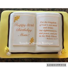 a birthday cake with an open bible on it