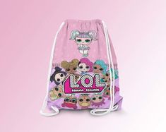 a pink drawsack bag with the word lol on it and lots of cartoon characters