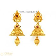 Gold Drop Earrings -Gold Dangle Earrings -Chandelier Earrings -22K Gold -Indian Gold Jewelry -Buy Online Jhumkas Gold, Gold Jhumkas, Indian Gold Jewelry, South Indian Style, Gold Earrings Indian, Gold Temple Jewellery, Everyday Wear Jewelry, Gold Chandelier Earrings, 22k Gold Jewelry