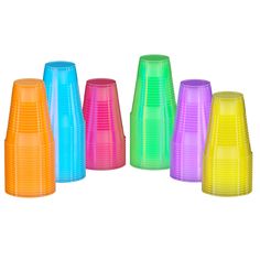 multicolored plastic cups lined up in a row