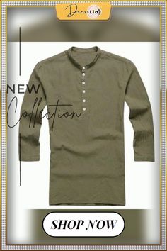 Men Button Solid Cotton Linen Half Sleeve Shirts Linen Khaki Long Sleeve Shirt With Buttons, Casual Tops With Stand Collar And Button Cuffs, Green Stand Collar Top With Buttons, Khaki Long Sleeve Shirt With Placket, Cotton Henley Shirt With Buttons, Cotton Henley Neckline Shirt With Buttons, Henley Neckline Cotton Shirt With Buttons, Half Sleeve Shirts, Half Sleeve