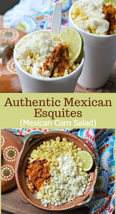 mexican corn salad in two bowls with limes on the side and an image of authentic mexican esqquites