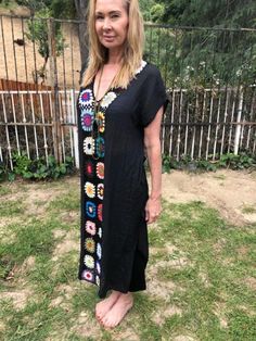 "Long semi sheer dress, swimsuit cover up, dress,black, Medium,large Really beautiful and unique with hand knit colorful squares down the front Measurements: Chest 49\" Waist 49\" Hips 50\" Length 49\" Excellent condition NK709b4 390f2 Long semi sheer dress, swimsuit cover up, dress,black, Medium,large" Black Beach Dress As Cover-up, Black Beachwear Dress For Beach Cover-up, One Size Black Beach Cover-up, Black One-size Beach Cover-up, Black Spring Festival Cover-up, One Size Black Cover-up For Vacation, One Size Black Cover-up For Summer, Black One Size Cover-up For Vacation, Black One-size Cover-up For Vacation