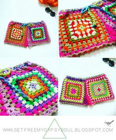 crocheted granny afghans with different colors and patterns on them, including the flower motif