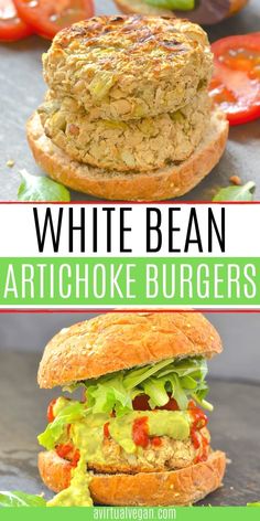 white bean artichoke burgers with lettuce and tomatoes on the side