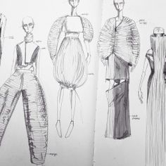 three sketches of different types of clothing