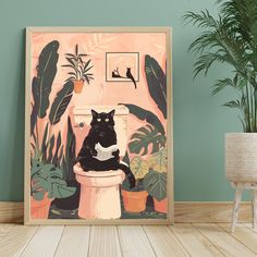 a black cat sitting on top of a toilet next to potted plants and houseplants