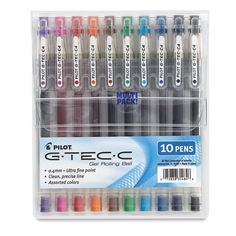 six different colored markers in a plastic case