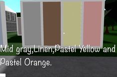 an animated image of the exterior of a house with text overlay that reads, mid gray linen pastel yellow and pastel orange