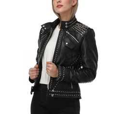 This stylish and edgy women's punk rock studded leather stand collar jacket offers a unique look with its black leather construction and silver studded details. the perfect addition to any wardrobe, this jacket will make you stand out from the crowd. Black Studded Leather Jacket, Street Style Black, Rock Women, Leather Jackets Online, Zara Leather Jacket, Short Leather Jacket, Punk Woman, Studded Leather Jacket, Collar Leather Jacket