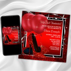 a red high heeled shoe birthday party with balloons and streamers on the phone screen