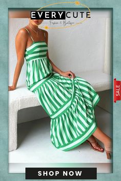 Candy Stripe Maxi Dress Casual Striped A-line Maxi Dress, Chic Green Maxi Dress For Beach Season, Chic Striped Maxi Sundress, Casual Green Midi Dress For Beach Season, Spring Vacation Green Midi Dress, Chic Striped Dress For Beach Season, Spring Green Midi Dress For Vacation, Chic Striped Sundress For Vacation, Chic Green Summer Maxi Dress