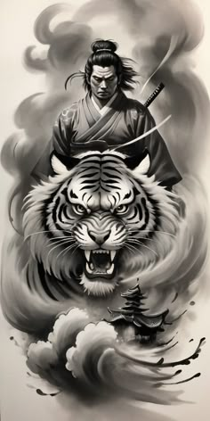 SAMURAI TIGER PAGODA ORIENTAL TATTOO DESIGN Cool Space Tattoos, Samurai Tiger, Space Tattoo Ideas, Forearm Cover Up Tattoos, Aztec Artwork, Space Tattoos, Leopard Tattoos