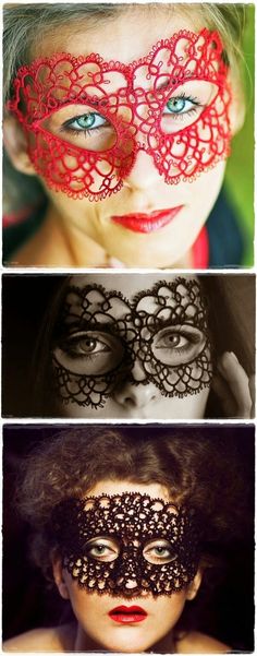 three different pictures with lace on them and one woman's face wearing a mask