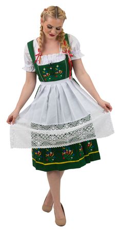 It's never too early to start preparing for Oktoberfest! You'll be dancing and drinking eine mass all night long in our traditional dirndl! It's a 3-piece set that is perfect for the person who wants to embody Bavarian tradition. The thick cotton-poly blend makes it easy to traipse between the opening day parade, the Weisn Landlord's Concert, and a multitude of food stalls and beer tents. The traditional cut of the dirndl is flattering for all shapes and sizes. The embroidered embellishments add a handmade charm to this Bavarian staple!  Have you been looking for a way to express your love for all things Bavarian without breaking the bank or having to settle for something mass-produced? Our dirndl dresses are more than just costumes--they represent tradition in its truest form. Made with h Germany Traditional Dress, Long Dirndl, Green Dirndl, Bavarian Culture, German Traditional Clothing, Dirndl Dresses, Bavarian Dress, Embroidered Embellishments, Oktoberfest Woman