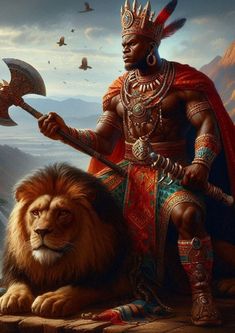 a painting of a man sitting on top of a lion with an ax in his hand