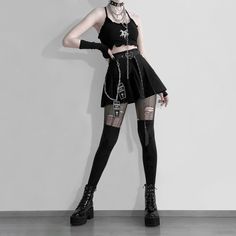 Material: Polyester 
Color: Black 
Size: Size: US-XS(Label Asian-S)-US-M(Label Asian-L) 
Sku:?S14985 Skirts With Belts, Black Street Fashion, Cute Goth Outfits, Gothic Coffin, Outfit Reference, Reference Ideas, Pleated Skirt Outfit, Fashion Bella, Egirl Outfits