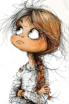 a drawing of a girl with long hair and big eyes, wearing a white shirt