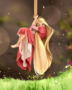 a drawing of a blonde haired girl hanging upside down on a wooden pole with grass and flowers in the background