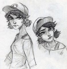 two drawings of women with hats on their heads, one is looking at the camera