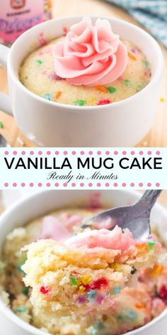 vanilla mug cake with frosting and sprinkles