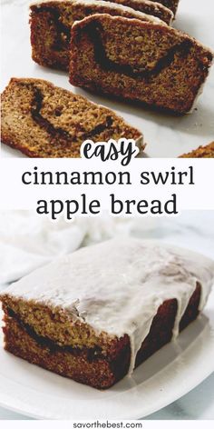 an easy cinnamon swirl apple bread is cut in half and served on a white plate