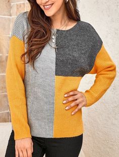 Long Sleeve Sweater With Splicing For Fall, Long Sleeve Sweater With Splicing For Spring, Yellow Long Sleeve Top With Contrast Color, Yellow Patchwork Sweater For Winter, Yellow Patchwork Winter Sweater, Woolen Tops, Fashion Sweaters, Sweaters Cardigan, Sleeved Sweater