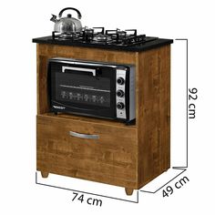 a wooden cabinet with a stove top on it's side and measurements for the drawer