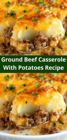 ground beef casserole with potatoes in a white dish and on a serving spoon