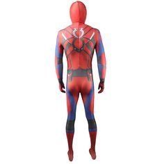 a man in a red and blue spiderman suit with his hands on his hips