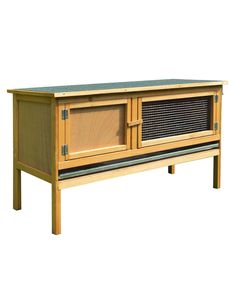 a large wooden cabinet with an air vent on the top and bottom shelf, in front of a white background