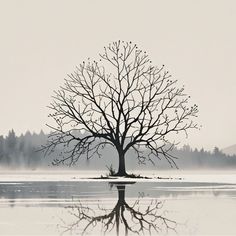 a tree with no leaves is reflected in the water on a foggy, overcast day