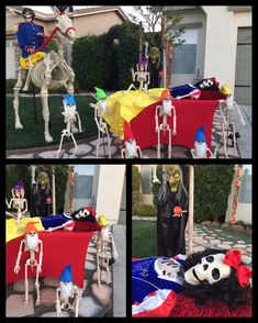 the skeleton tables are decorated for halloween with skeletons on them and people dressed in costumes