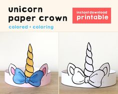 two paper crowns with unicorns on them