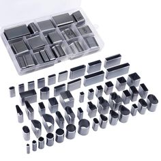 an assortment of metal tools in a plastic case