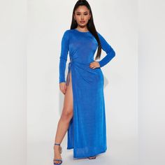 Brand New Blue Evening Maxi Dress With Side Slits, Blue Evening Dresses With Side Slits, Blue Dress With Side Slits For Night Out, Spring Blue Maxi Dress For Night Out, Blue Spring Maxi Dress For Night Out, Lace Babydoll Dress, Cottage Core Dress, Slinky Dress, White Boho Dress