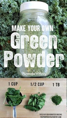 the ingredients to make green powder in a mason jar on top of a cutting board