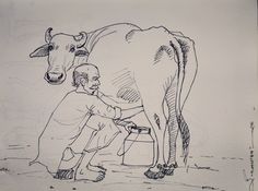 a drawing of a man kneeling down next to a cow