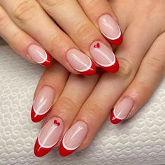 Cute Nails Acrylic Red And White, Hoco Nails For A Red Dress, Red French Tip Nails With Silver Line, Christmas Acrylic Almond Nails, French Tip With Red Design, Christmas Nails Acrylic French, Red And Baby Blue Nails, Red And White Nails French Tip, White French Tip With Red Line