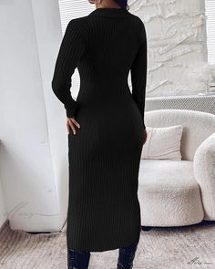 Elluis - Classic-Touch Buttoned Knit Sweater Dress with Turn-Down Collar Winter Knit Sweater, Chic Type, Sleeveless Long Dress, Estilo Chic, Daily Dress, Knit Sweater Dress, Maxi Dress With Sleeves, Pencil Dress, Olivia Mark