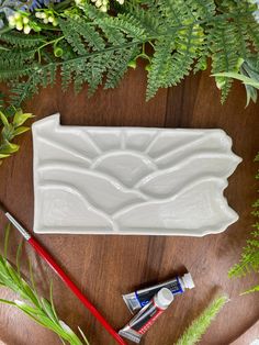 a white vase sitting on top of a wooden table next to green plants and a brush