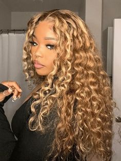 13x4 Lace Frontal Honey Blonde Highlights Water Wave Pre-Everything Wig in wigs #wigs #wigs Curly Blonde Hair Lace Wig, Hair Color For Morena Skin, Blonde Curly Wig, Honey Blonde Highlights, Blonde Curly Hair, Blonde Curls