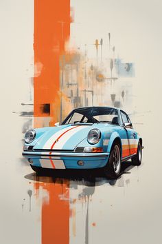 a painting of a blue sports car with orange and white stripes