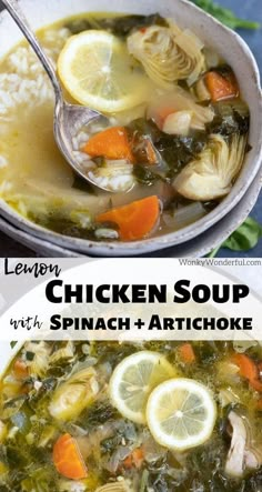 chicken soup with spinach, artichoke and lemon