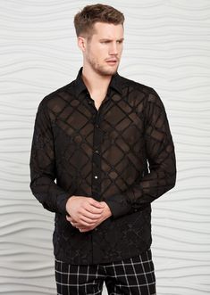 Diamond shape silver shimmer semi sheer detailed fabric Partially sheer, this black Mondo shirt adds elegance and mystery that is emblematic of Mondo's freedom, empowerment and individualism Making it a light, breezy way to add instant signature style to your look Perfect for staying cool (and looking sharp) when temperatures are soaring, it makes a dapper addition to any wardrobe Semi-sheer construction Limited Edition Custom metal square button French placket Button-down collar Long sleeves wi Designer Long Sleeve Shirt For Party, Designer Black Sheer Top, Black Sheer Long Sleeve Shirt, Fitted Black Sheer Shirt, Fitted Sheer Black Shirt, Luxury Sheer Long Sleeve Tops, Luxury Sheer Tops For Party, Black Sheer Shirt For Night Out, Black Sheer Summer Shirt